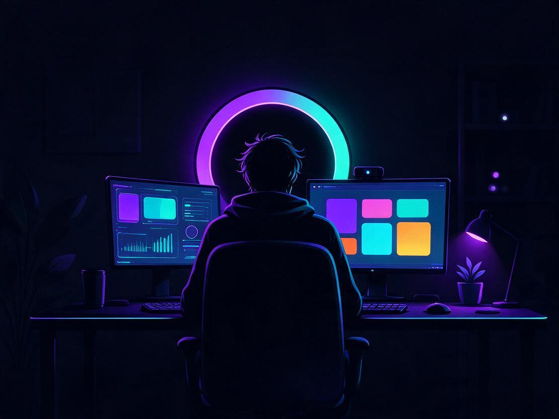 A streamer at a glowing desk setup running a game on screen